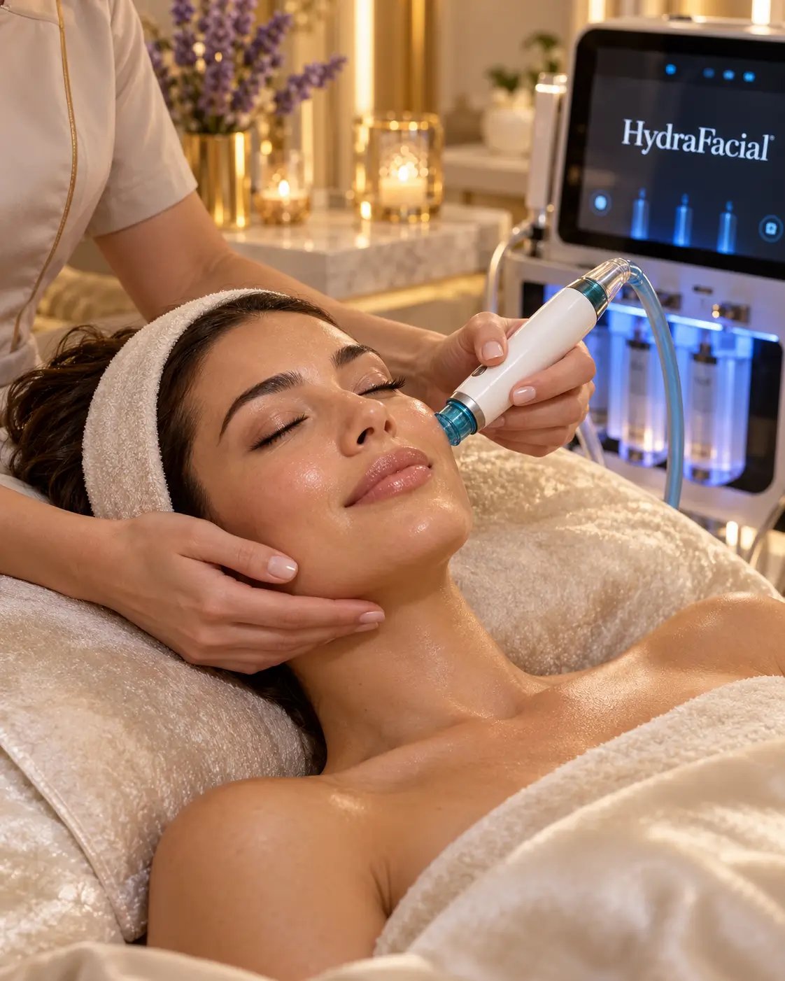A woman receiving a hands-on HydraFacial treatment in a luxurious golden spa setting