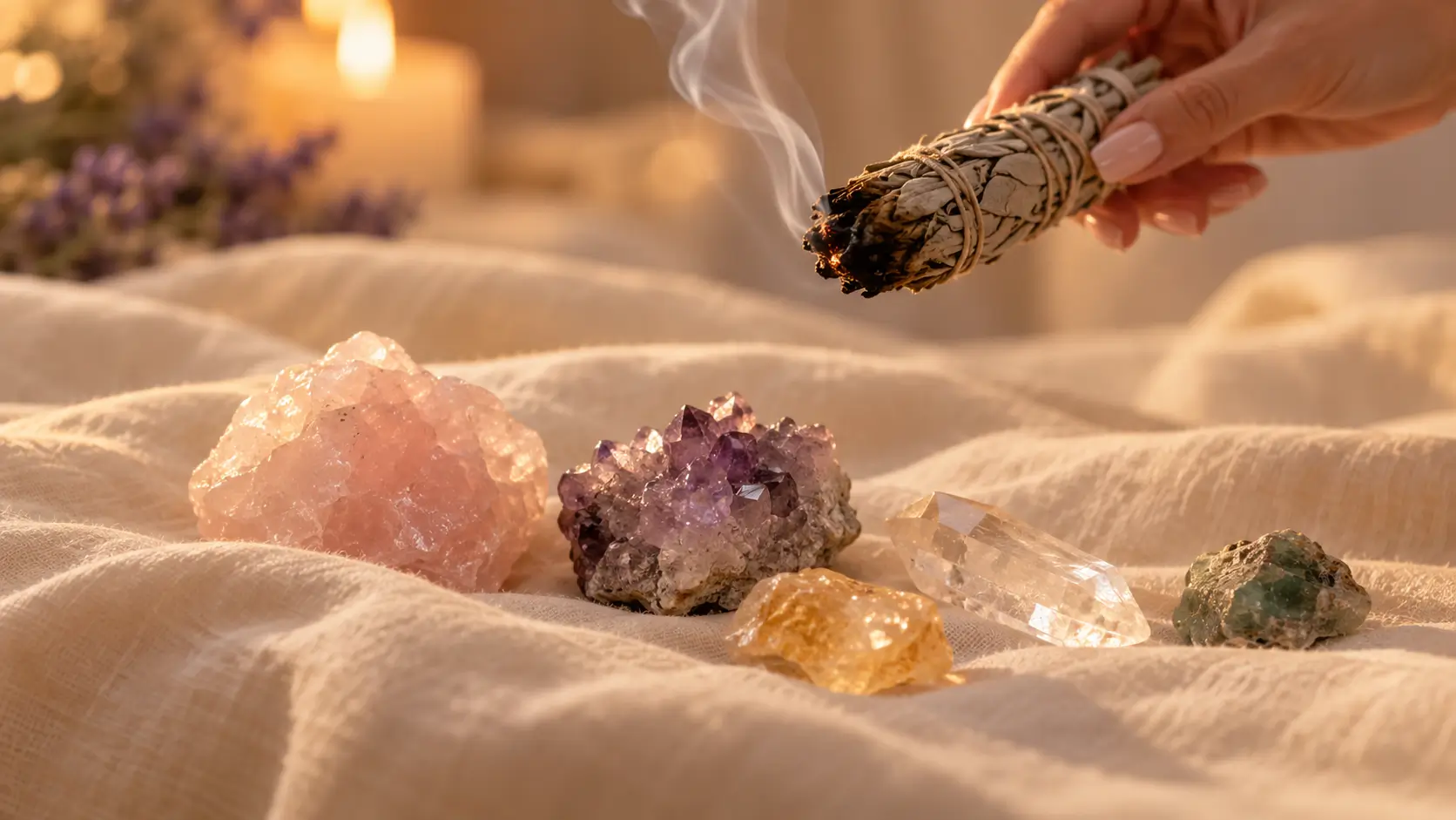 Burning sage and naturally shaped crystals arranged on soft cream spa linens